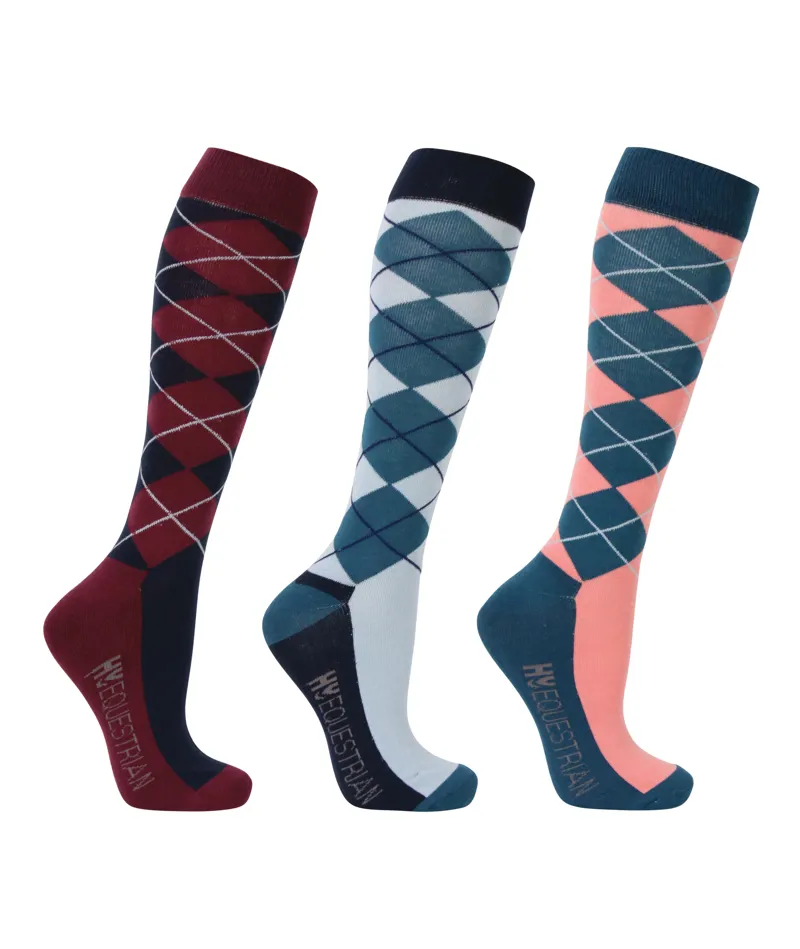 Hy Equestrian Synergy Argyle Socks - Pack Of 3 - Grey/Navy/Aegean - Blue/Blush/Fig 